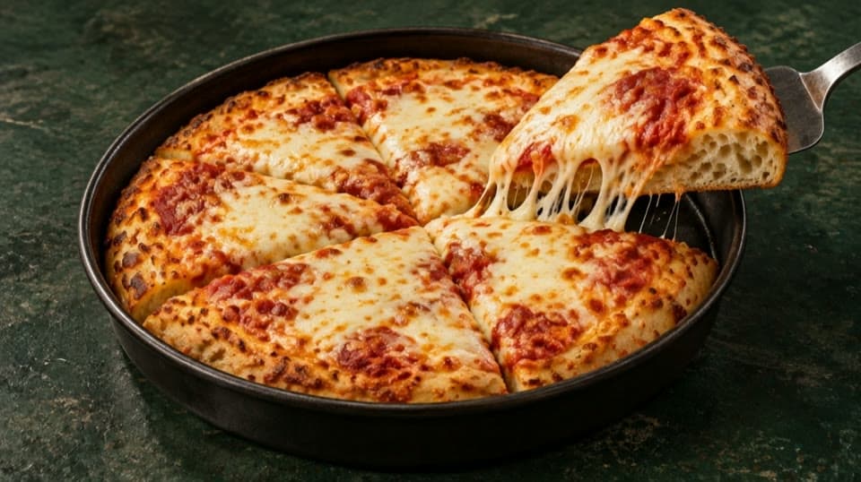 A thick-crust slice of pizza lifted from a round pan, with the mozzarella stretching (illustrative image)