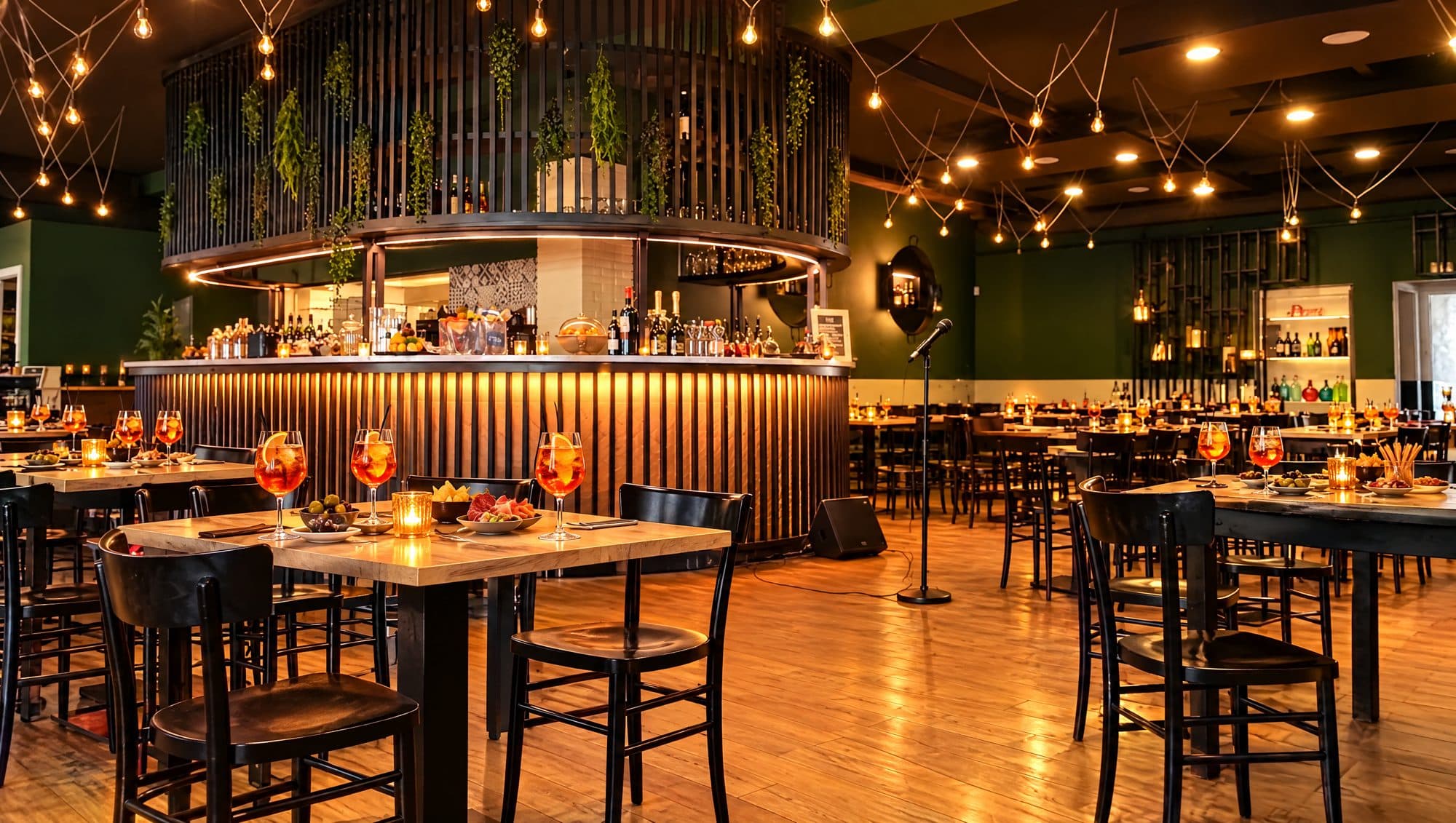 The Padellone dining room in the evening, with cocktails on the tables, string lights and a karaoke microphone (illustrative image)